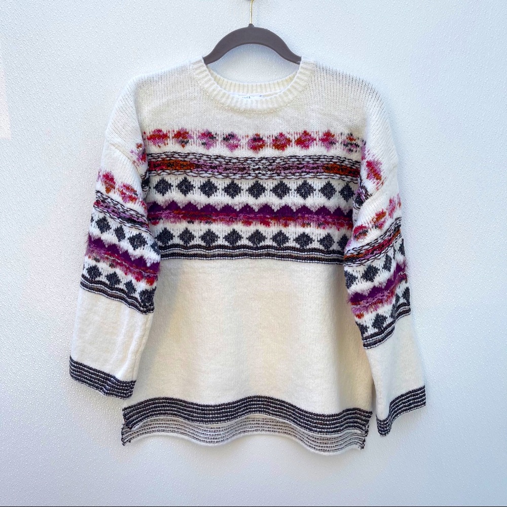 Fair Isle sweater medium cream ivory magenta grey cottage core bohemian boho